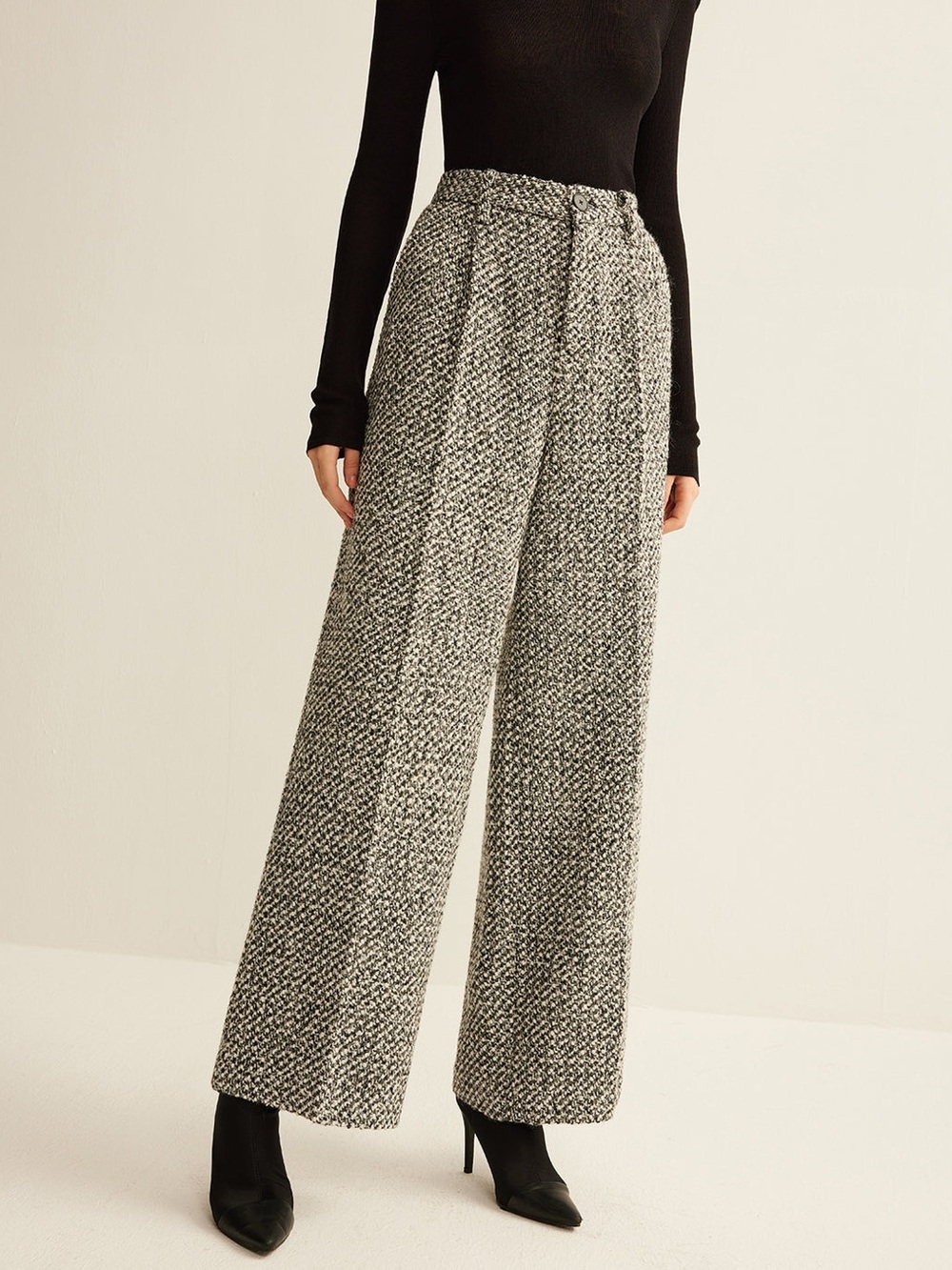 Commense Black White Tweed High Rise Wide Leg Pants Size S NWT